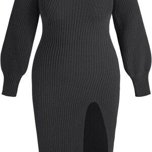 Plus Size Sweater Dress Set Women Long Sleeve Midi Slit Casual Elegant